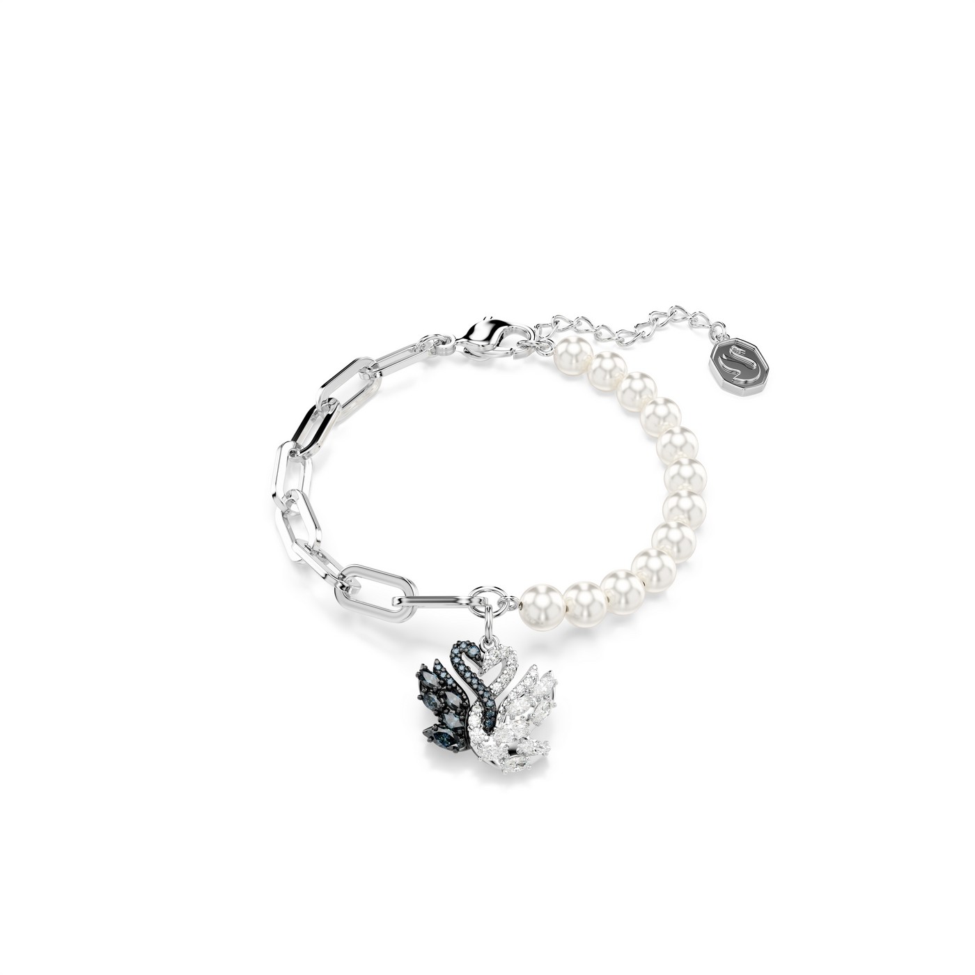 Swarovski Narukvica Swan, Crna, Bijeli ton, Crystal pearl