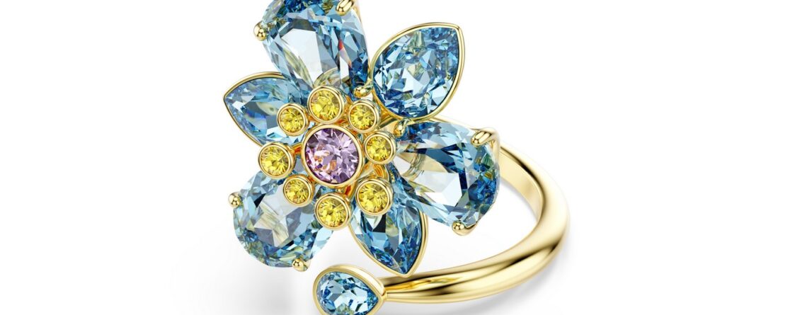 Swarovski Prsten Idyllia Open, Plava, Zlatni ton, Cvijet