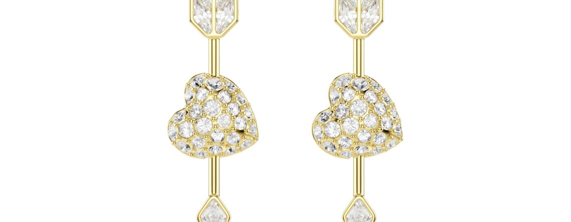 Swarovski naušnice Idyllia Drop, Zlatni ton, Bijela, Srce sa strelicom