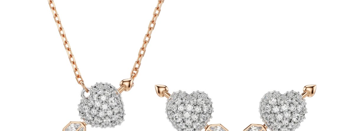 Swarovski set Idyllia, Rose gold ton, Bijela, Srce sa strelicom